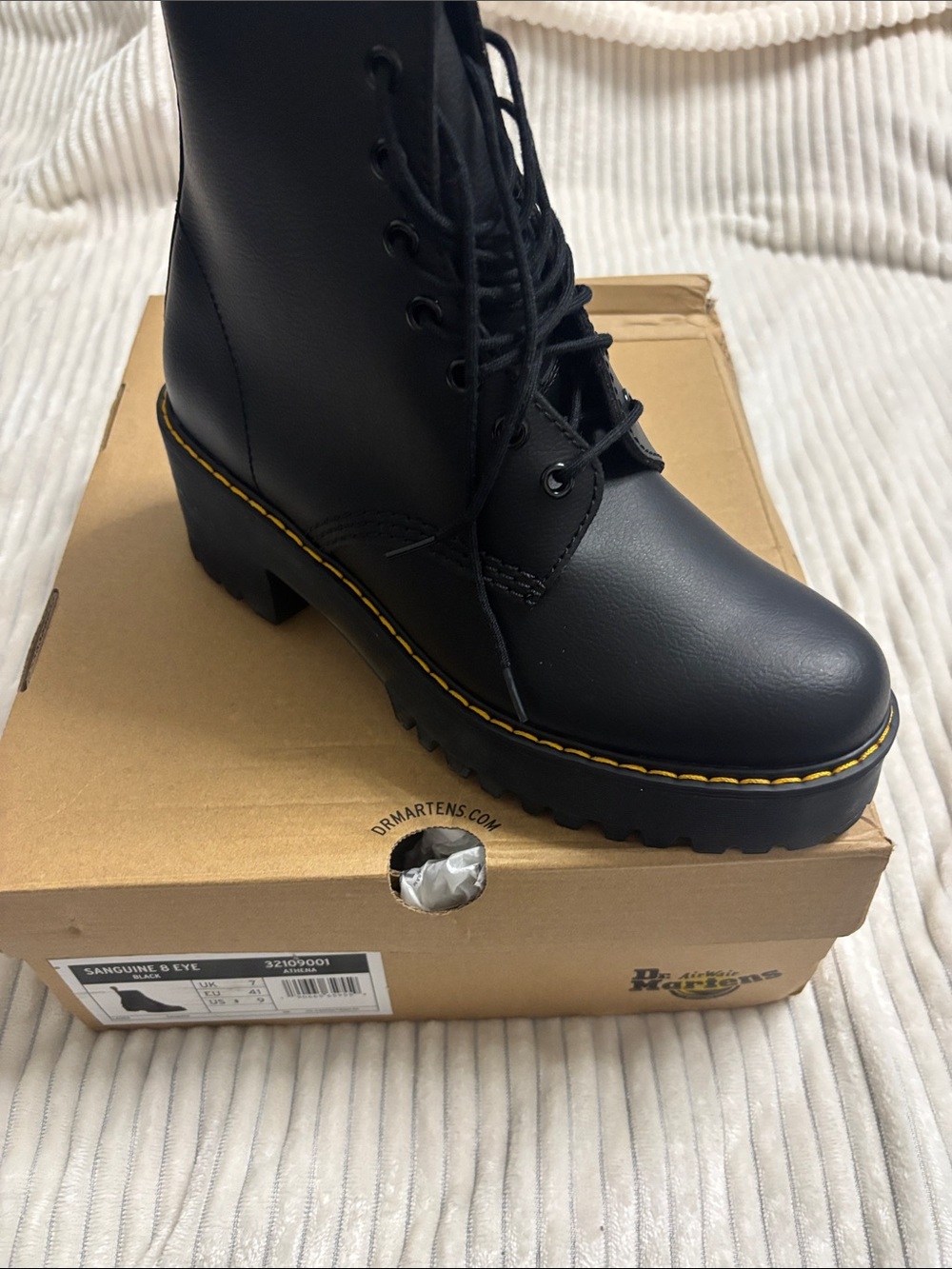 Dr. Martens Black Lace-Up Platform Moto Boots with Yellow Stitching - Picture 5 of 6
